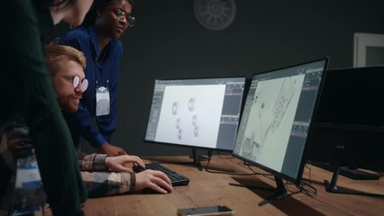 team problems solving, multiethnic persons discussing three-dimensional computer graphics of engine