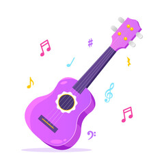 Purple acoustic guitar with musical notes isolated on white background