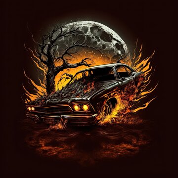 cool hell auto on fire illustration, t-shirt print design
