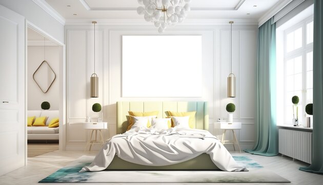 White luxurious bedroom mock-up with frame for picture generative ai