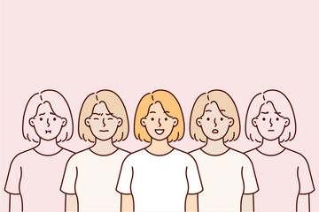 Woman in great mood stands among doubles who are depressed due to stress or depression