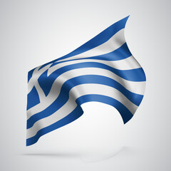 Greece, vector flag with waves and bends waving in the wind on a white background