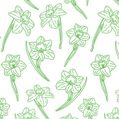 set with seamless doodle patterns with daffodils with a stem on a white background with green lines. Vector advertising spring background for the store.