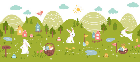Cute Easter Egg hunt design, map for children, hand drawn with cute bunnies, eggs and decorations - great for invitations, banners, wallpapers - vector
