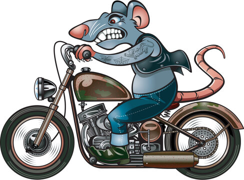 Cartoon style rat riding on a vintage motorcycle