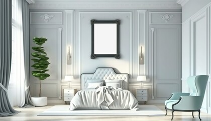 White luxurious bedroom mock-up with frame for picture generative ai