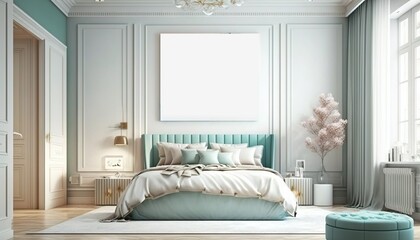 White luxurious bedroom mock-up with frame for picture generative ai