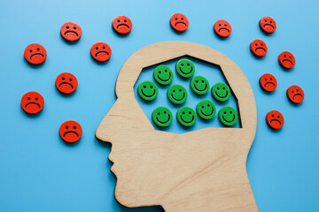 Head with smileys and sad emoticons around. Positive attitude and resilience.