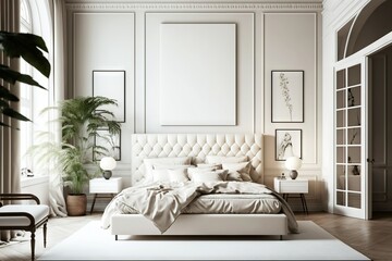 White luxurious bedroom mock-up with frame for picture generative ai - obrazy, fototapety, plakaty