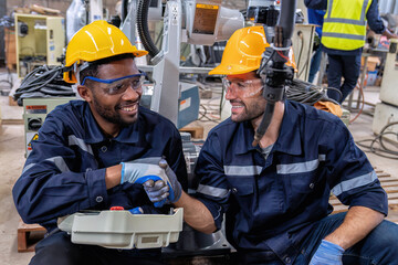 Maintenance engineer repair and programing robotic arm in factory Industry robot service shop