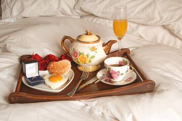 Valentines  proposal  breakfast  in bed  with  egg  heart  shaped  plate   vintage  teapot 
