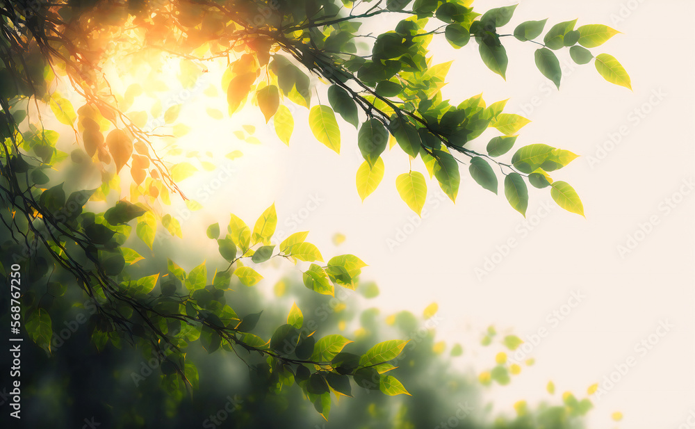 Poster Green leaves spring background with copyspace. Sun behind. Fictional. Created with Generative AI technology.