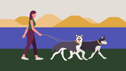 Woman walking with Syberian Husky dog pets by the lake minimal illustration © Pattaradanai