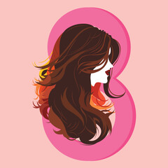 Stylish Young Woman Face On Pink 8 Number. Happy Women's Day Concept.
