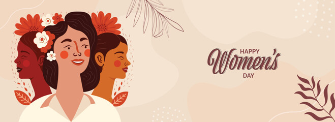 Happy Women's Day Banner Design With Cheerful Young Women Characters On Floral Decorated Background.