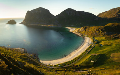 View of the Haukland fjord and beach, Lofoten islands, Norway