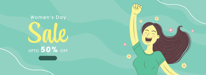 Women's Day Sale Banner Design With Cheerful Young Girl Character Raising Fist On Turquoise Background.