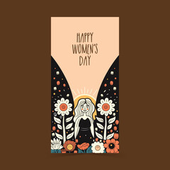 Happy Women's Day Vertical Banner Design With Modern Young Girl Character On Sun Floral Decorated Background.