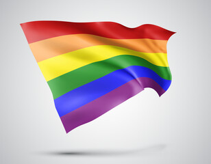 Rainbow, vector flag with waves and bends waving in the wind on a white background