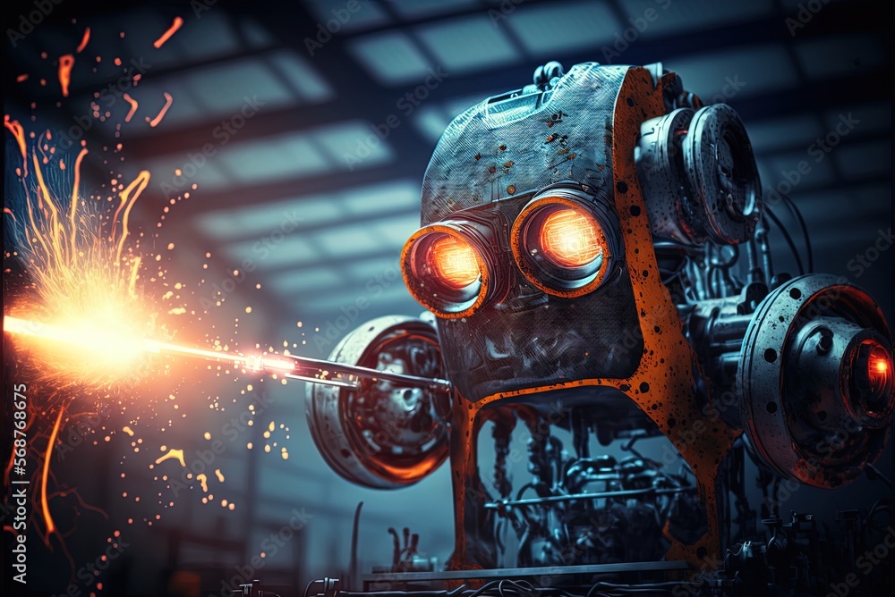 Poster robots that weld in an industrial setting for the automobile assembly. generative ai