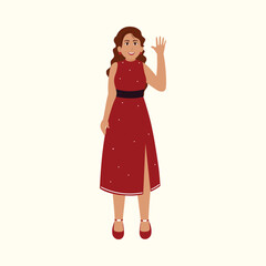 Modern Young Woman Waving Hand In Standing Pose.