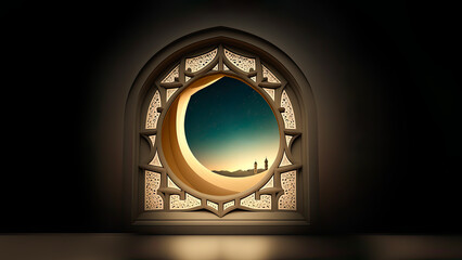Ramadan Kareem Concept with Crescent Moon, Arabic Window.