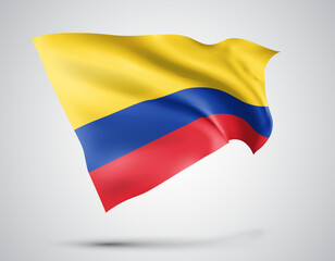 Colombia, vector flag with waves and bends waving in the wind on a white background