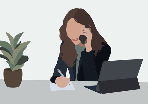 Fröhliche Geschäftsfrau sitzt an ihrem Arbeitsplatz und telefoniert | Kontakt | Frau am Handy | Illustration | Boho