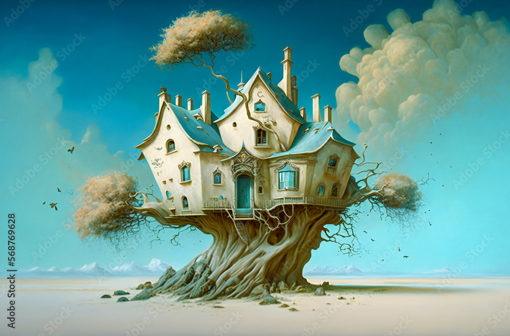 Poster surreal, dreamlike house in a tree, with blue sky and clouds in background. fictional architecture. 