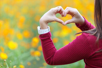 Blurred background,Young woman wearing red dress raises her hands to make heart symbol to represent love, friendship and kindness on background of field of yellow flowers. heart symbol, Love concept