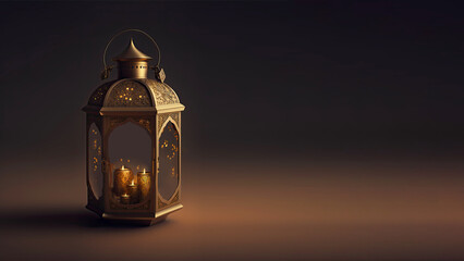 Realistic Illuminated Arabic Lantern On Dark Background. Islamic Religious Concept. 3D Render.
