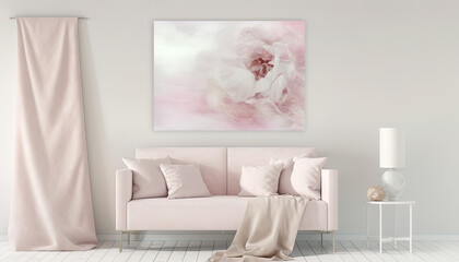 Beautiful home interior for winter cocooning in light pink and cream colors. Copy space. Room wit pink coach with soft pillows. Generative AI.