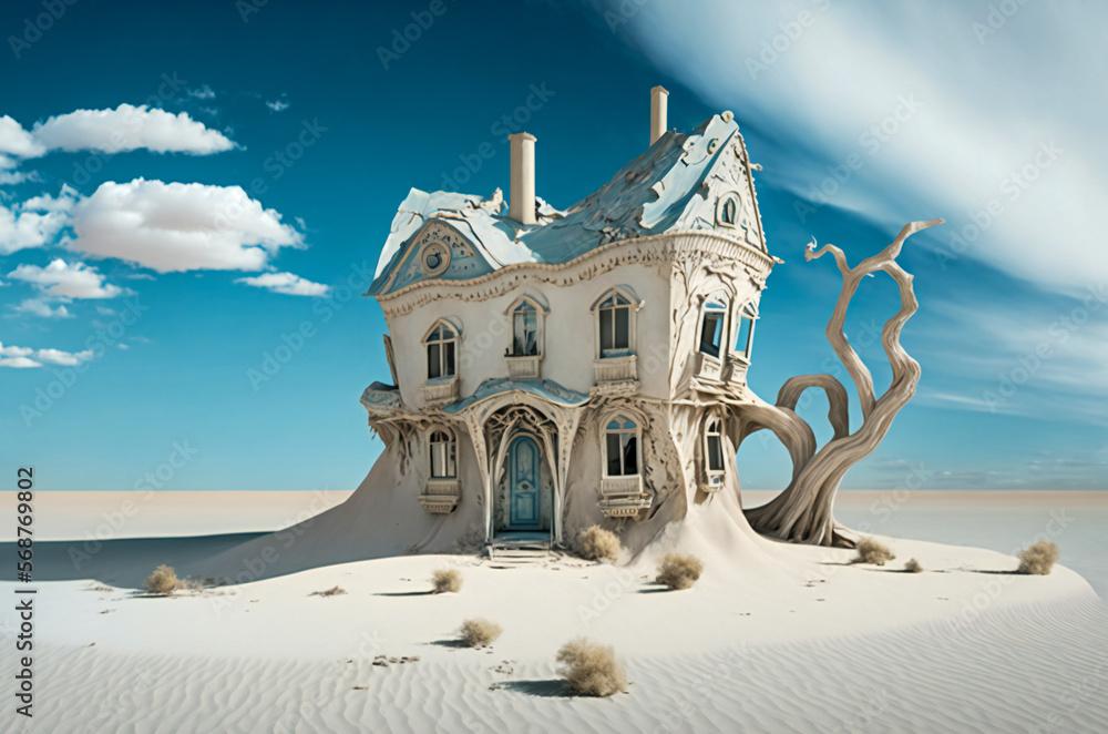 Poster lonely old house in a white desert. blue sky and clouds in background. fictional architecture. creat