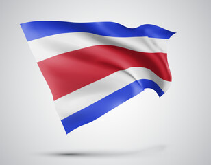 Costa Rica, vector flag with waves and bends waving in the wind on a white background
