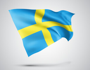 Sweden, vector flag with waves and bends waving in the wind on a white background
