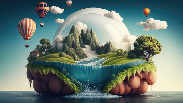 Surreal float landscape with waterfall paradise idea on blue sky cloud floating island with river stream on green grass with air balloon. Generative AI