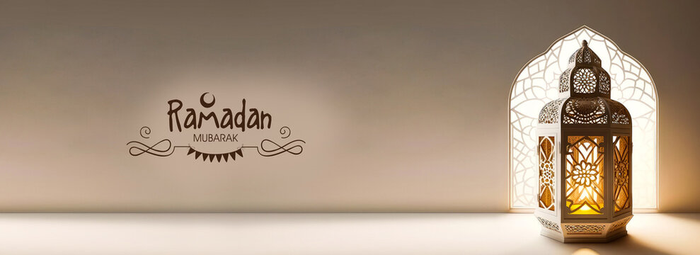 Ramadan Mubarak Banner Design With Realistic Illuminated Arabic Lamp On Islamic Window Background. 3D Render.