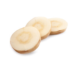 Tasty cut fresh ripe parsnip on white background