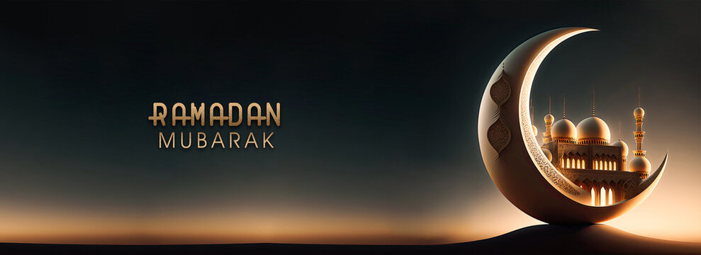 Ramadan Mubarak Banner Design With Golden Glittery Text, 3D Render of Crescent Moon With Beautiful Mosque On Evening Background.