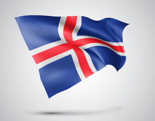 Iceland, vector flag with waves and bends waving in the wind on a white background