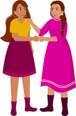 Young Girls Characters Bumping Their Fists Together In Standing Pose.