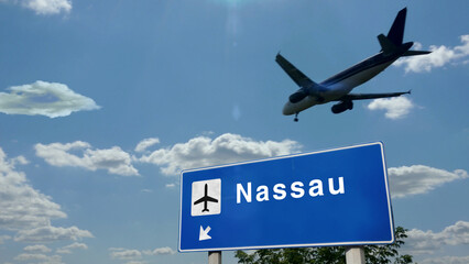 Plane landing in Nassau Bahamas airport with signboard