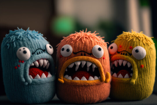 cute little angry embroidered monsters, Generative AI