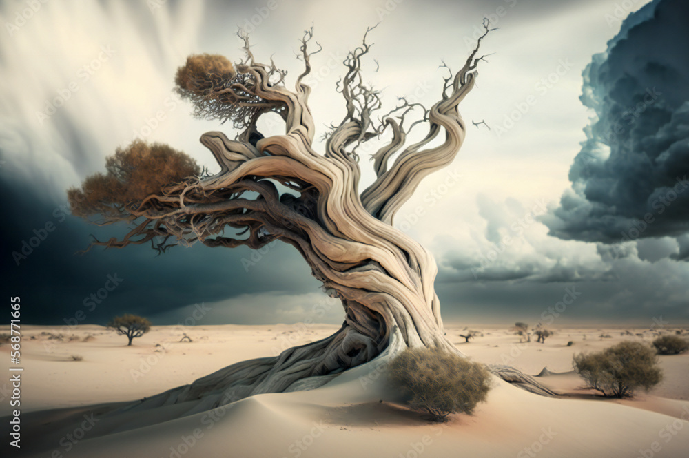 Poster illustration of a lonely dried tree in a desert. stormy sky and clouds in background. created with g
