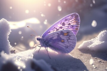 Plakat A purple butterfly sitting on top of snow covered ground, blurred and dreamy illustration. Generative Ai art. White sparkles sunlight beams