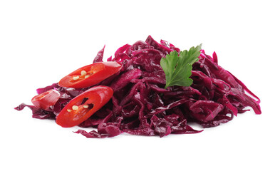Fototapeta premium Pile of tasty red cabbage sauerkraut with chili pepper and parsley isolated on white