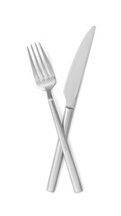Knife and fork isolated on white, top view. Stylish shiny cutlery set