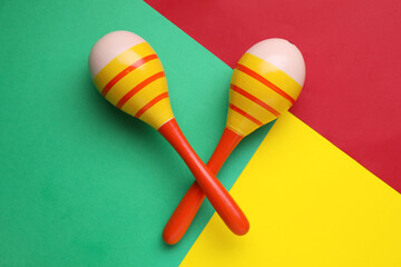 Maracas on colorful background, flat lay. Musical instrument