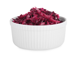 Bowl of tasty red cabbage sauerkraut isolated on white