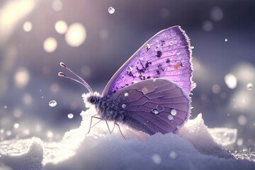 Plakat A purple butterfly sitting on top of snow covered ground, blurred and dreamy illustration. Generative Ai art. White sparkles sunlight beams
